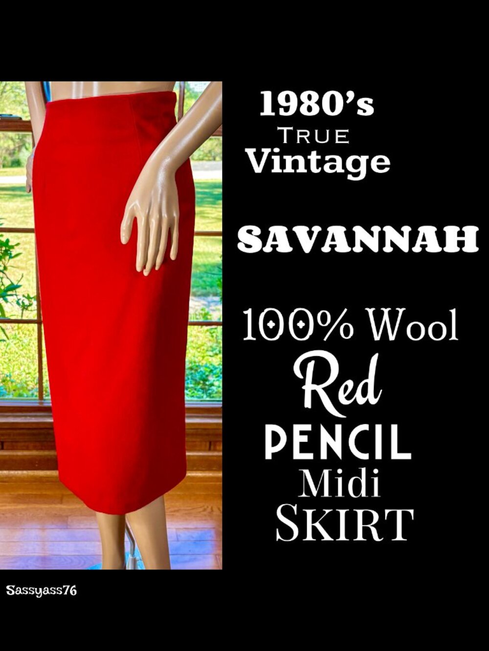 🆕VTG▪️SAVANNAH▪️1980's Cherry Red 100% Wool Pencil Midi Straight Skirt